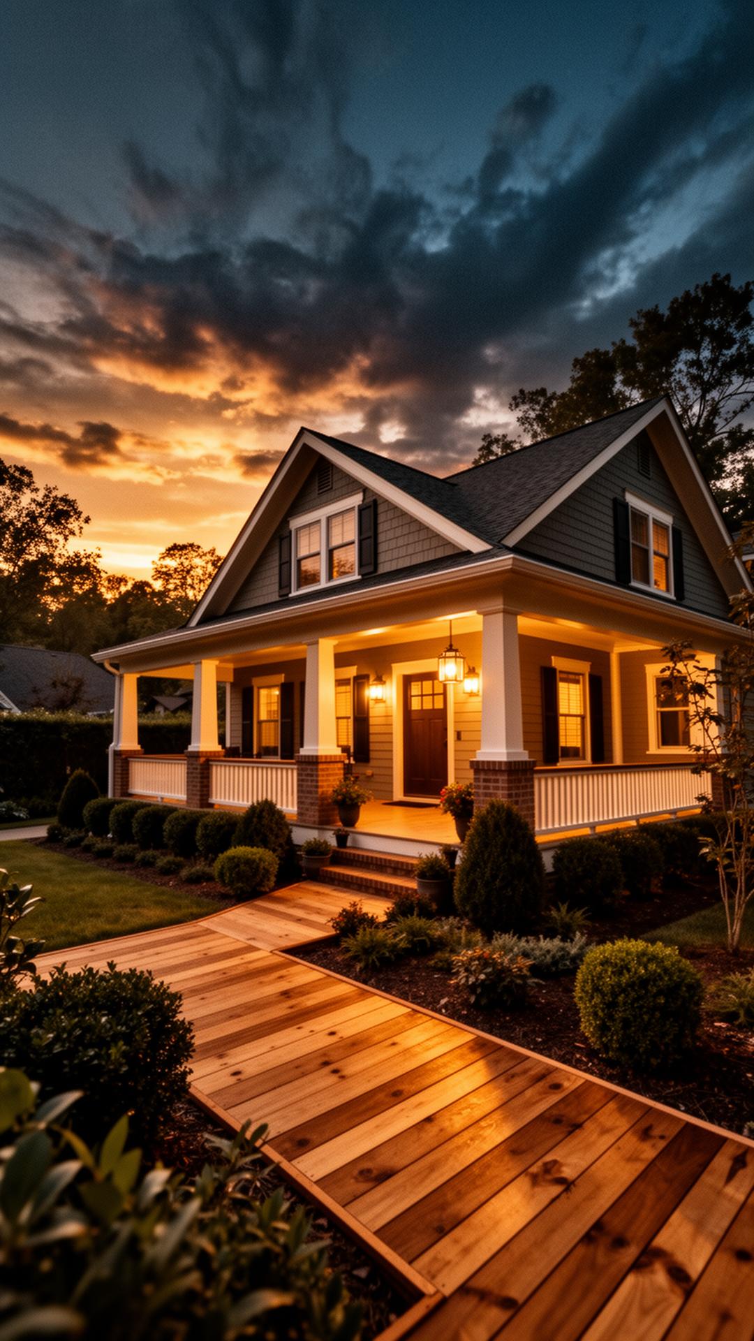 Restored Nashville craftsman home at golden hour with cedar deck and warm porch lights
