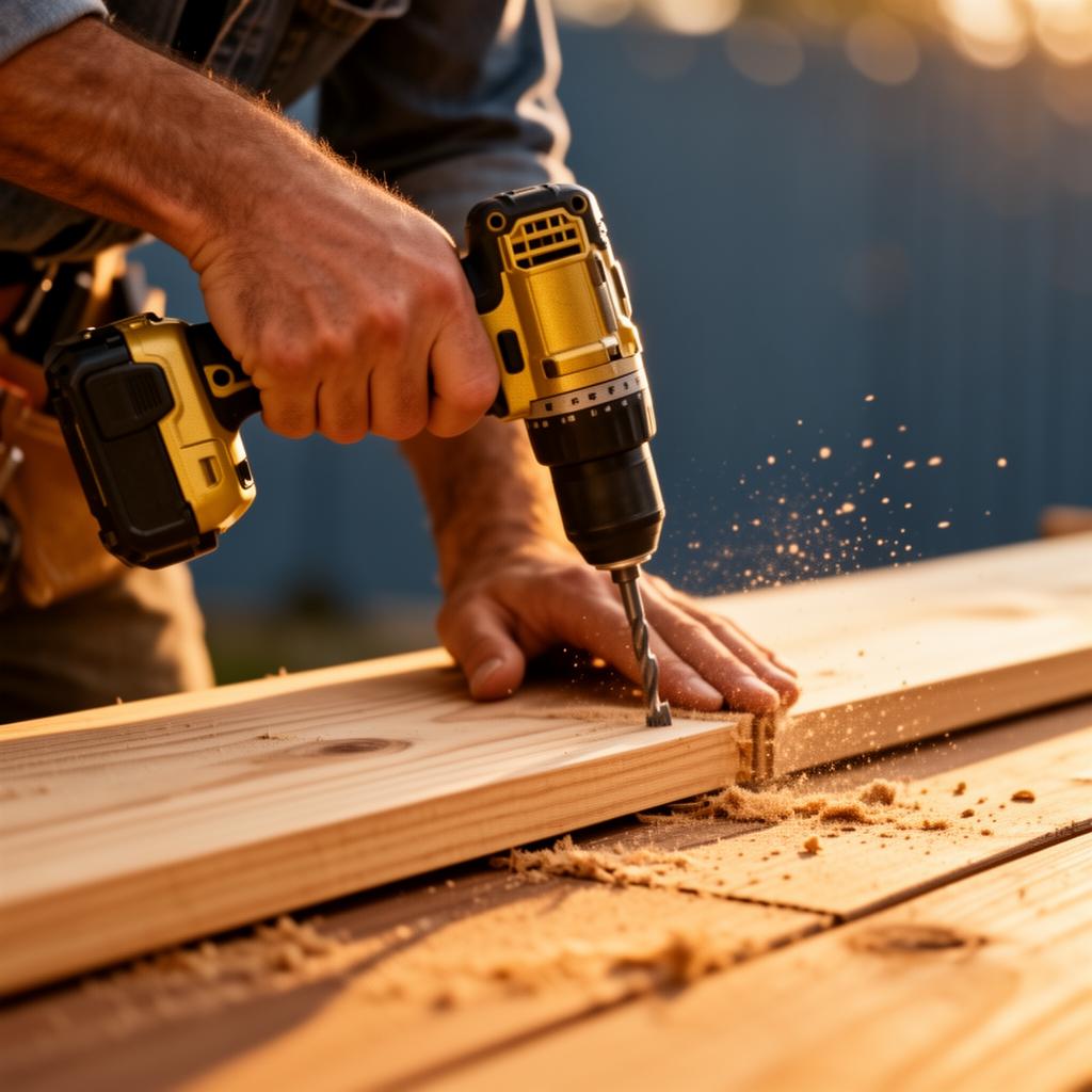 Contractor installing cedar deck boards with cordless drill at sunset